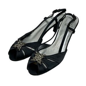 Stuart Weitzman black satin open toe rhinestone embellished heels size 8.5N